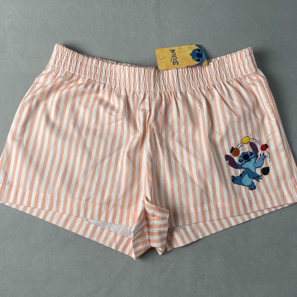 Disney Stitch Striped Pajama Shorts Wmns M Salmon Orange Embroidered Sleepwear